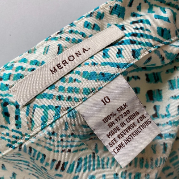 Merona 100% Silk Skirt Pleated Blue Teal Turquoise Cream Circle Skirt Sz 10 - Picture 6 of 6